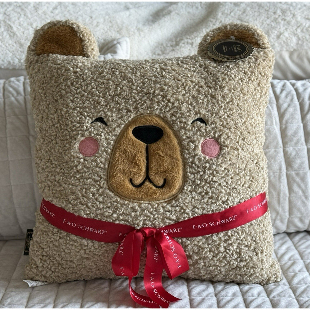 FAO SCHWARZ Brown Curly Hair Teddy Bear Face Pillow NEW With Tags‎ 20" x 20"